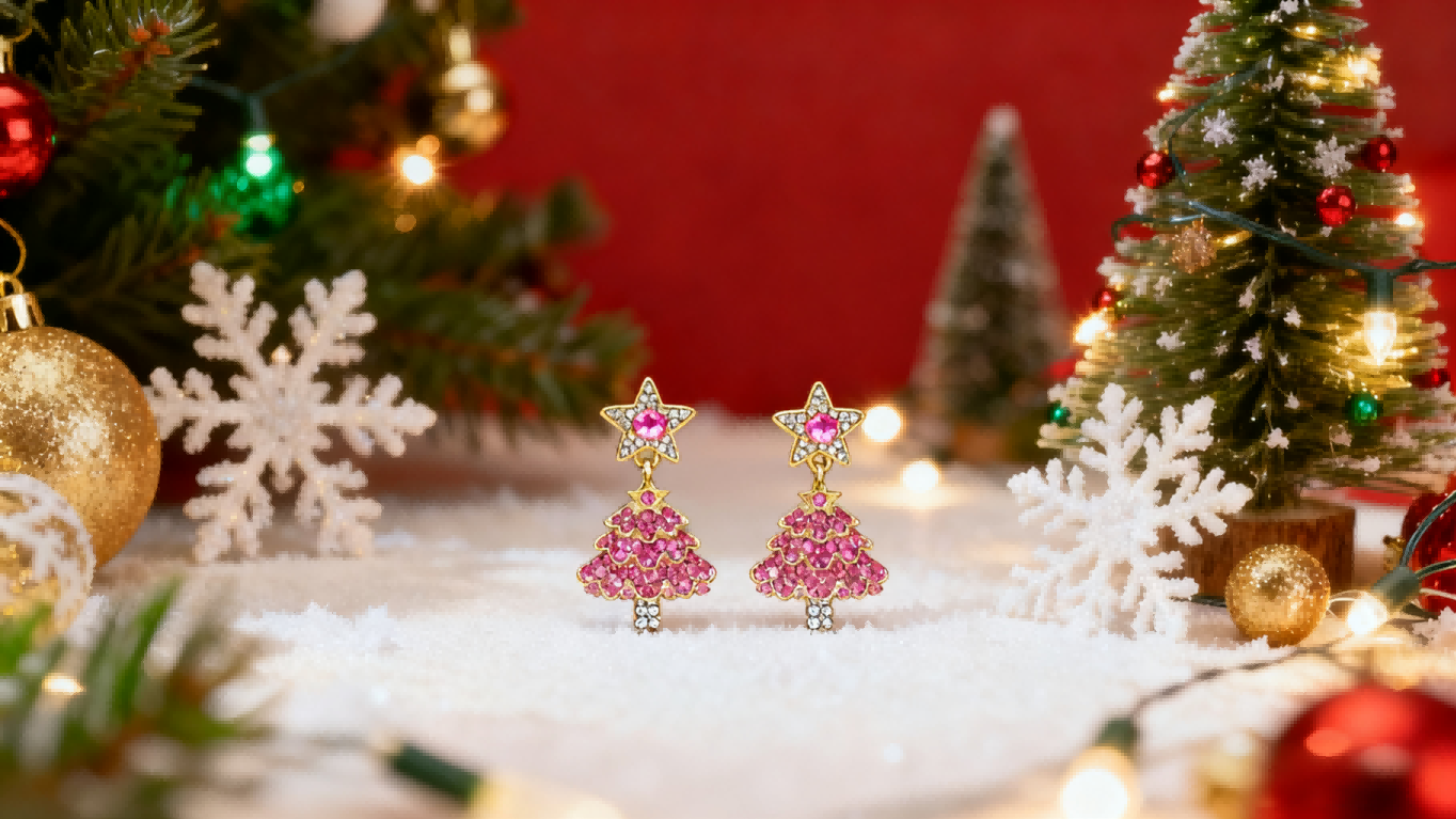 Pink Crystal Christmas Tree Earrings - Niche Festive Bling, Gold-Plated Alloy Imitation Jewelry for Gen Z