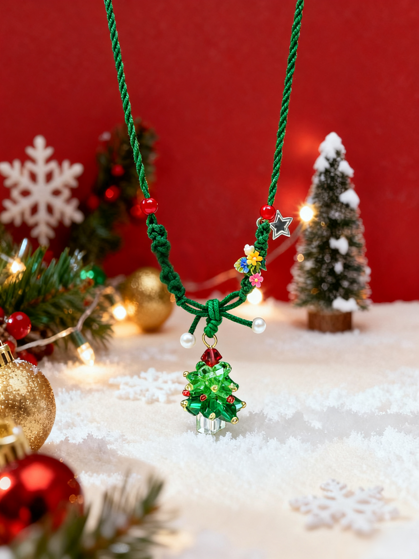 Handmade Macramé Christmas Tree Necklace - Niche Festive Jewelry, Crystal & Pearl Imitation Necklace for Gen Z