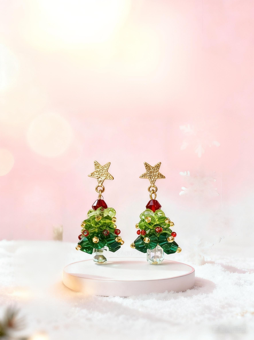 Beaded Christmas Tree Dangle Earrings - Handmade Niche Festive Jewelry, Gold Star & Colorful Beads Imitation Earrings for Gen Z