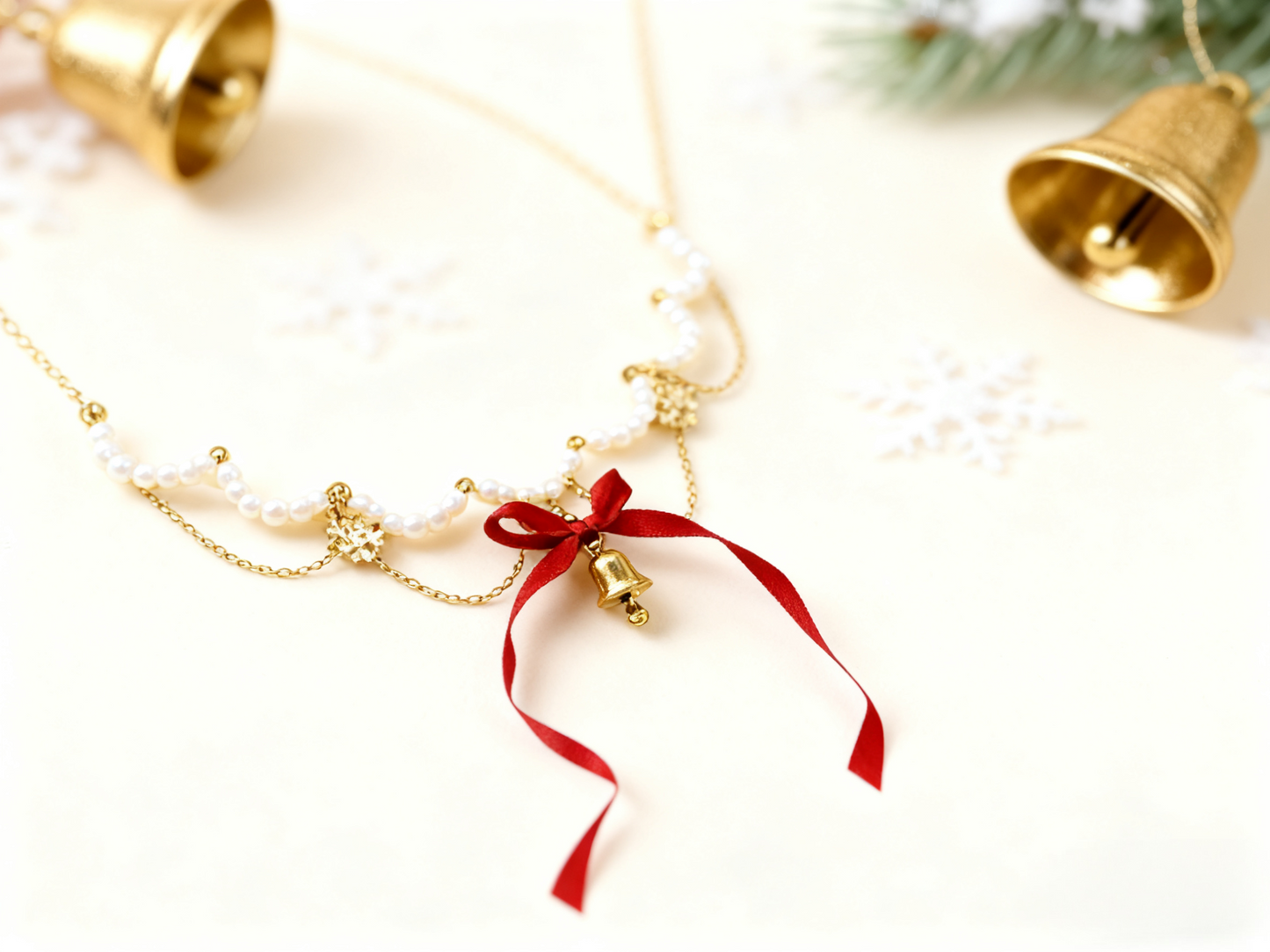 Pearl & Bow Christmas Bell Necklace: Y2K Niche Festive Bling for Gen Z