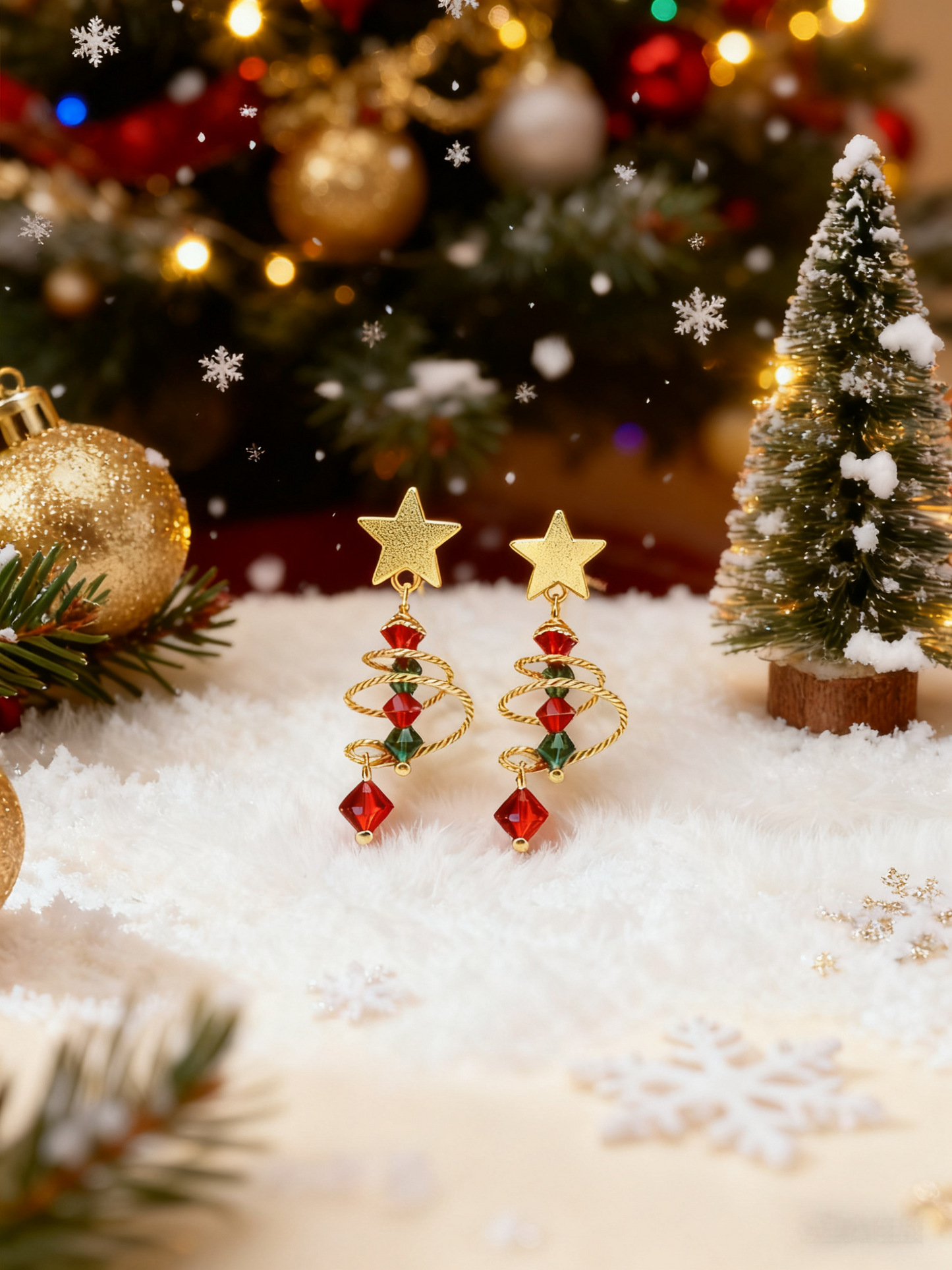 Spiral Christmas Tree Dangle Earrings - Gold-Tone Retro Festive Jewelry, Red & Green Crystal Imitation Earrings for Gen Z