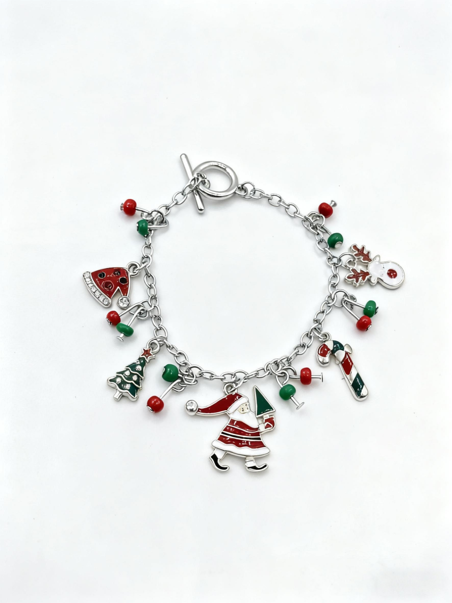 Christmas Charm Bracelet - Silver-Tone Niche Festive Jewelry, Santa & Reindeer Imitation Bracelet for Gen Z
