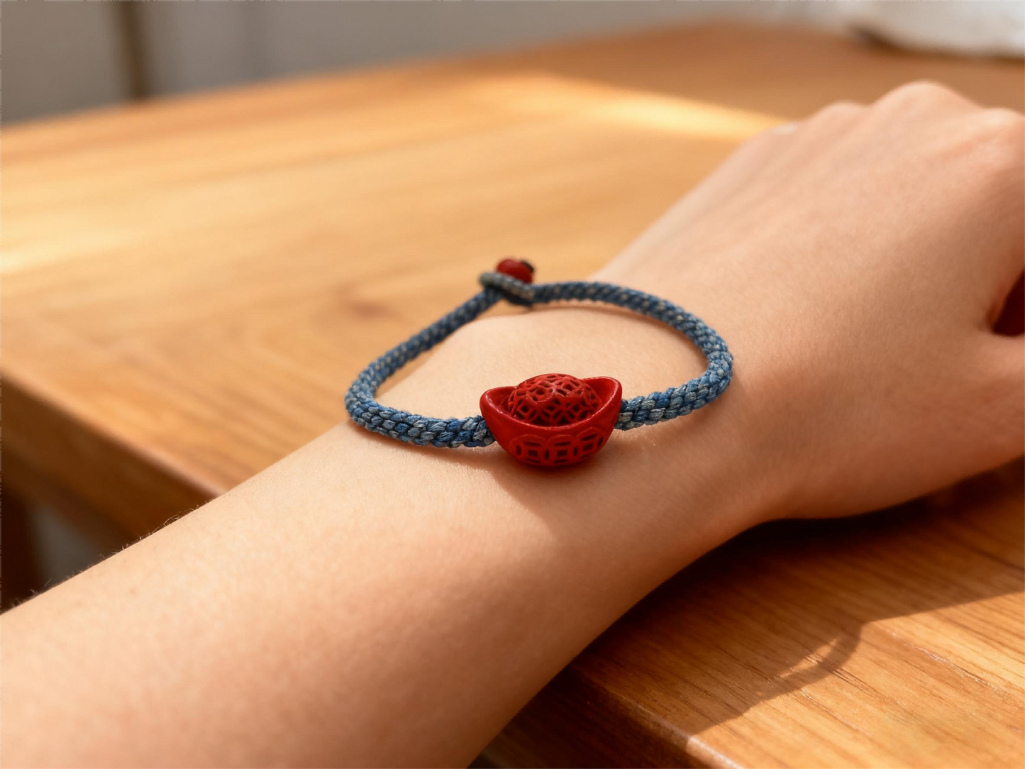 “Hand-Carved Cinnabar Ingot Bracelet – Denim Blue Red String Lucky Jewelry for Gen Z Trendsetters, Retro Eastern Symbol Accessory with Bold Color Clash”