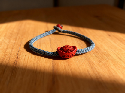 “Hand-Carved Cinnabar Ingot Bracelet – Denim Blue Red String Lucky Jewelry for Gen Z Trendsetters, Retro Eastern Symbol Accessory with Bold Color Clash”