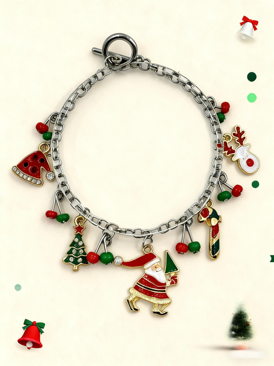 Christmas Charm Bracelet - Silver-Tone Niche Festive Jewelry, Santa & Reindeer Imitation Bracelet for Gen Z