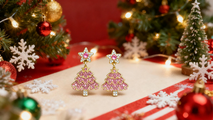 Pink Crystal Christmas Tree Earrings - Niche Festive Bling, Gold-Plated Alloy Imitation Jewelry for Gen Z