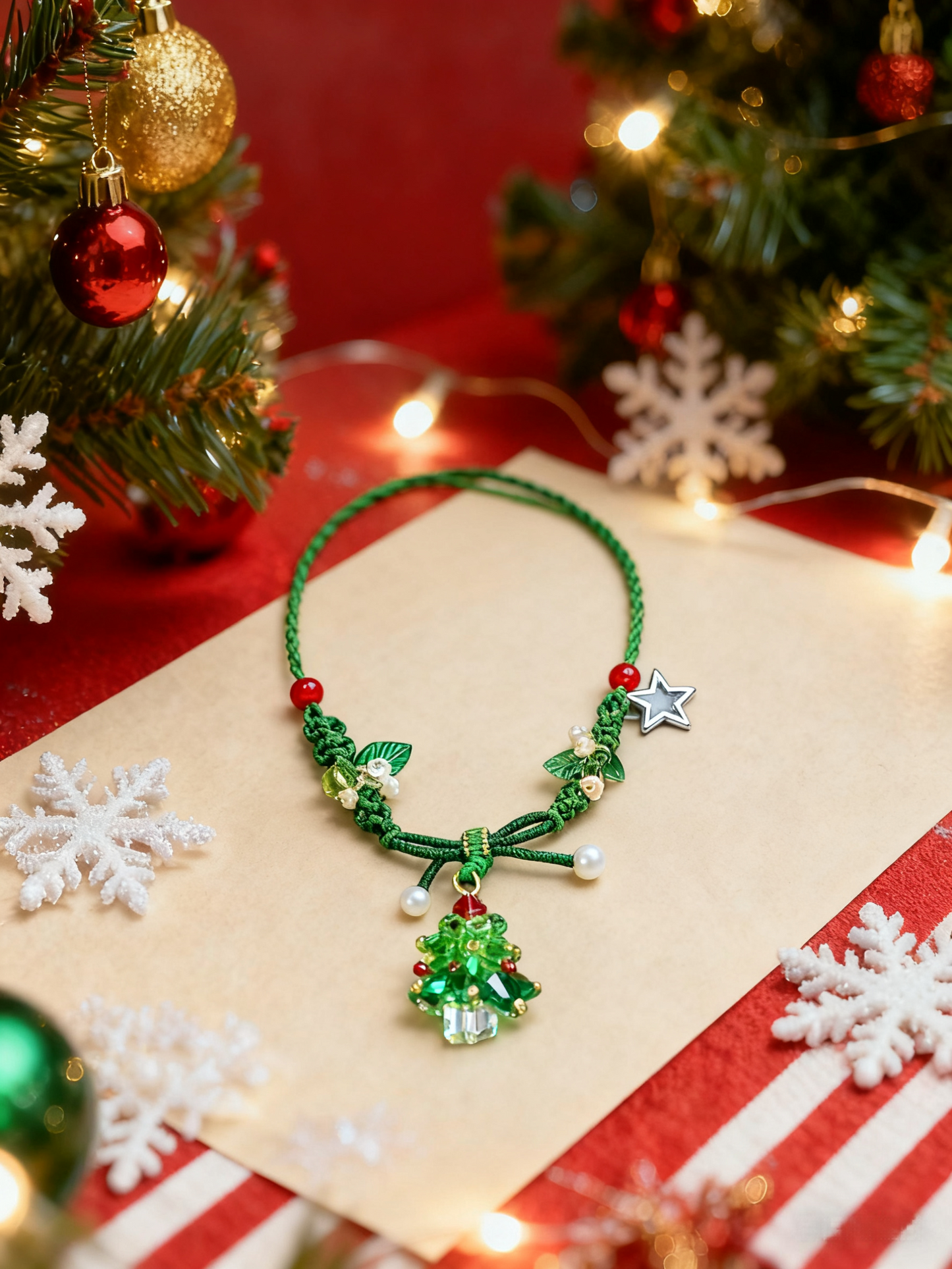 Handmade Macramé Christmas Tree Necklace - Niche Festive Jewelry, Crystal & Pearl Imitation Necklace for Gen Z