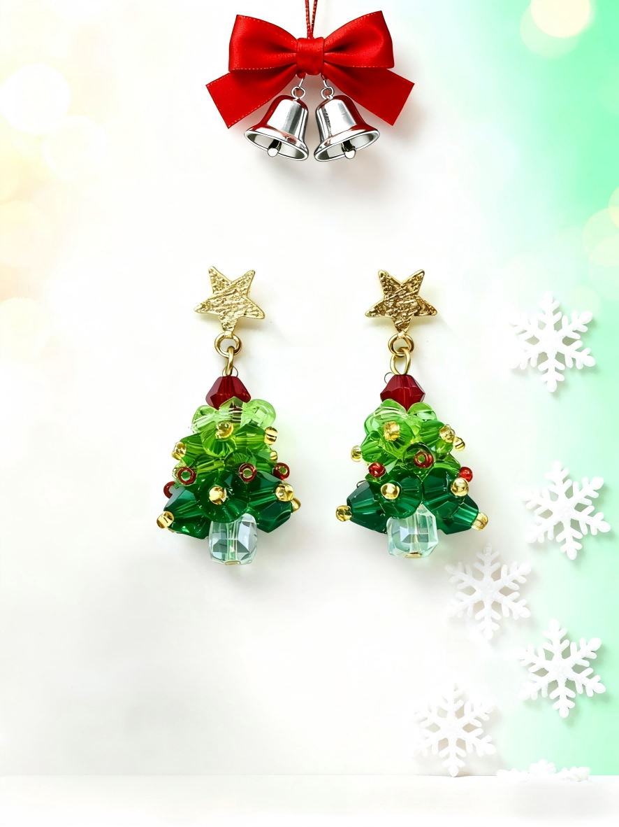 Beaded Christmas Tree Dangle Earrings - Handmade Niche Festive Jewelry, Gold Star & Colorful Beads Imitation Earrings for Gen Z