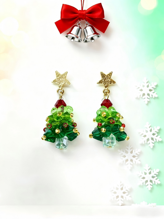 Beaded Christmas Tree Dangle Earrings - Handmade Niche Festive Jewelry, Gold Star & Colorful Beads Imitation Earrings for Gen Z