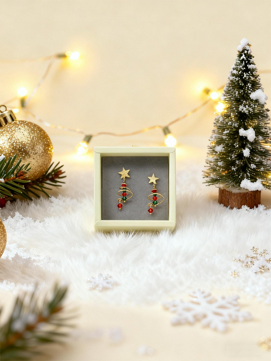 Spiral Christmas Tree Dangle Earrings - Gold-Tone Retro Festive Jewelry, Red & Green Crystal Imitation Earrings for Gen Z