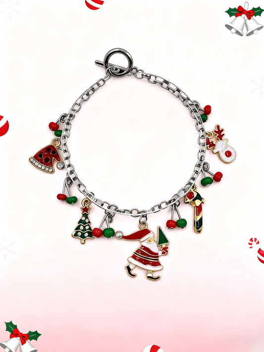 Christmas Charm Bracelet - Silver-Tone Niche Festive Jewelry, Santa & Reindeer Imitation Bracelet for Gen Z