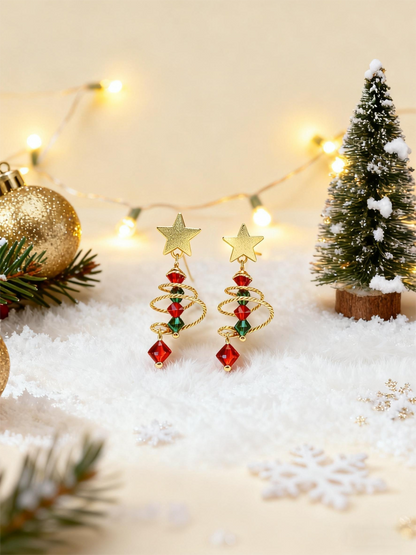 Spiral Christmas Tree Dangle Earrings - Gold-Tone Retro Festive Jewelry, Red & Green Crystal Imitation Earrings for Gen Z