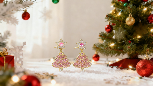 Pink Crystal Christmas Tree Earrings - Niche Festive Bling, Gold-Plated Alloy Imitation Jewelry for Gen Z