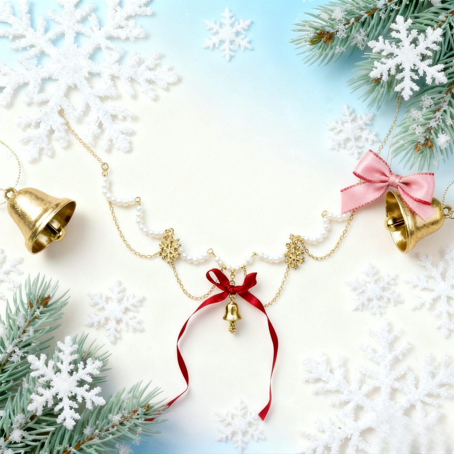 Pearl & Bow Christmas Bell Necklace: Y2K Niche Festive Bling for Gen Z