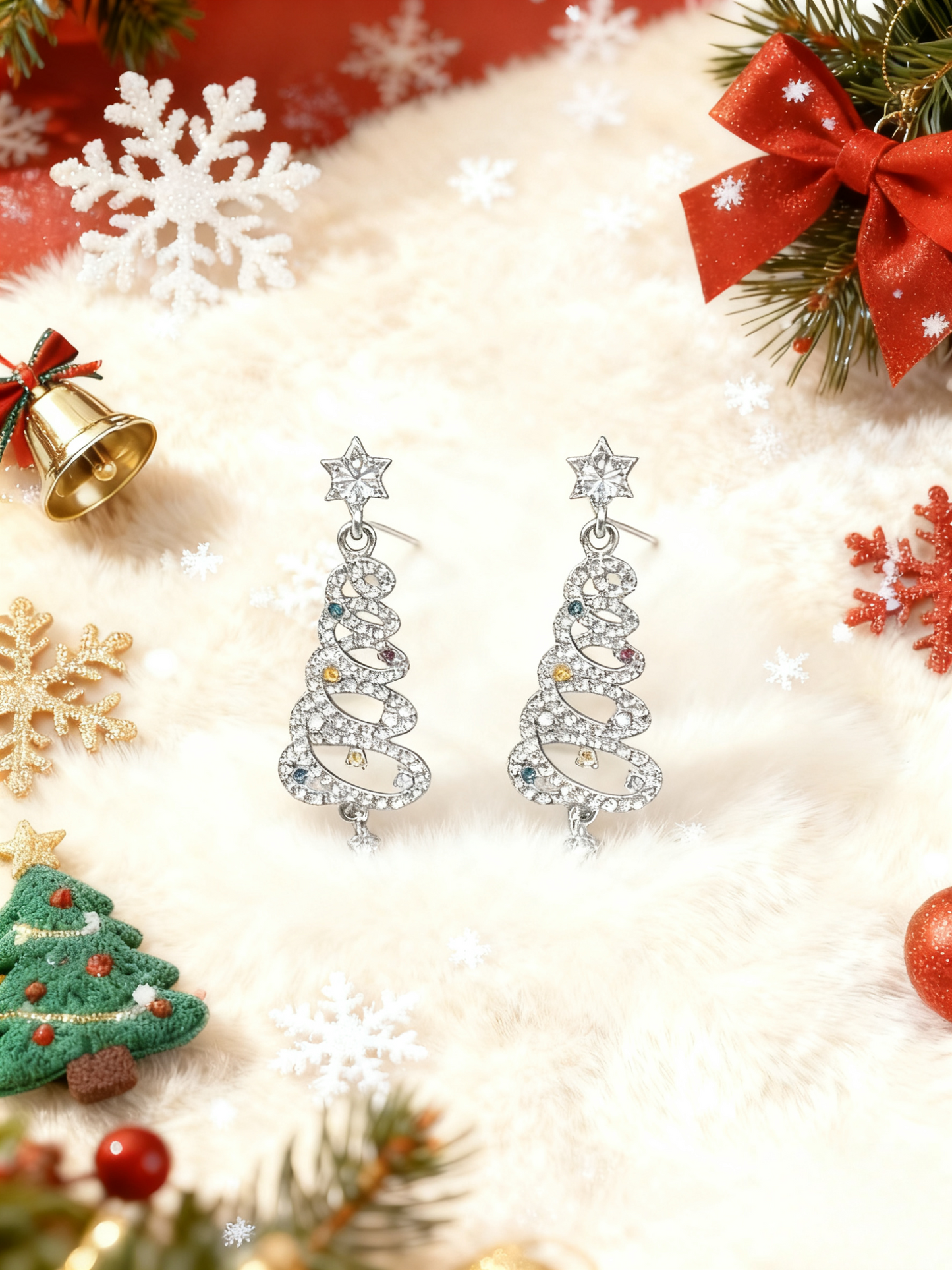 Silver-Tone Spiral Christmas Tree Dangle Earrings - Pavé Crystal Niche Festive Jewelry, Imitation Earrings for Gen Z