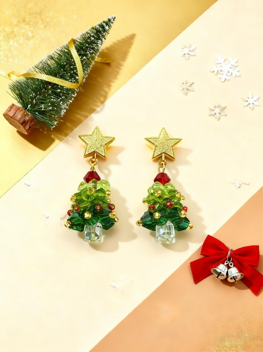 Beaded Christmas Tree Dangle Earrings - Handmade Niche Festive Jewelry, Gold Star & Colorful Beads Imitation Earrings for Gen Z