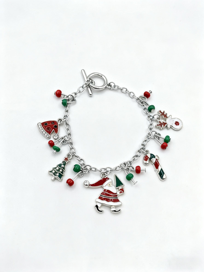 Christmas Charm Bracelet - Silver-Tone Niche Festive Jewelry, Santa & Reindeer Imitation Bracelet for Gen Z