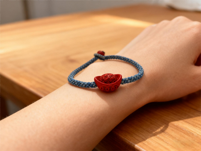 “Hand-Carved Cinnabar Ingot Bracelet – Denim Blue Red String Lucky Jewelry for Gen Z Trendsetters, Retro Eastern Symbol Accessory with Bold Color Clash”