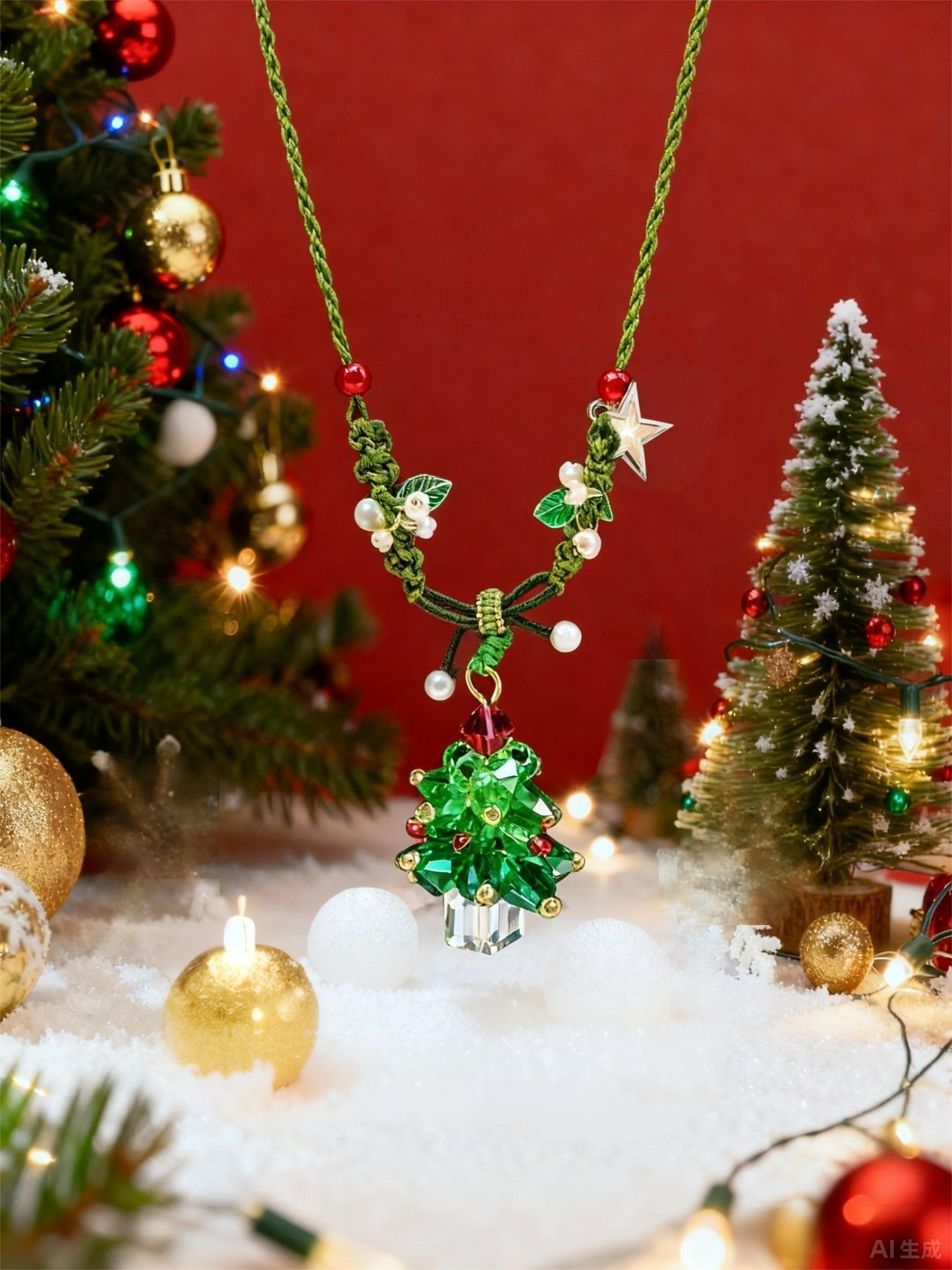 Handmade Macramé Christmas Tree Necklace - Niche Festive Jewelry, Crystal & Pearl Imitation Necklace for Gen Z
